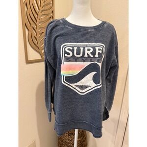 Surf Style 1989 Graphic Sweatshirt Blue Washed High Low Pullover Womens Medium